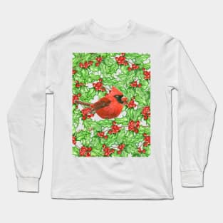 Cardinal and holly berry watercolor pattern Long Sleeve T-Shirt